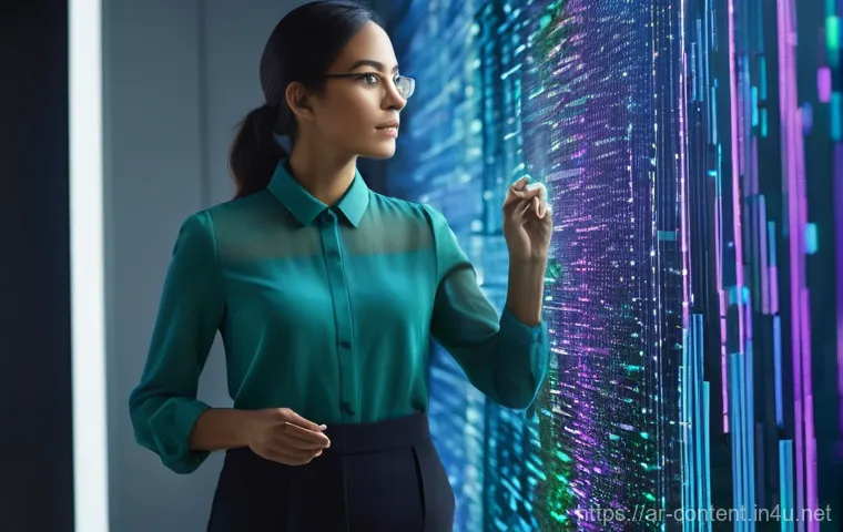 AI 활용 데이터 시각화 - **AI Deciphering Complex Data into Clear Insights**
    A highly detailed, realistic image of a fema...
