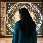 자연어 처리 기술 - A bright, futuristic scene featuring a young Arab woman, wearing modest contemporary attire, intentl...