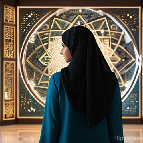 자연어 처리 기술 - A bright, futuristic scene featuring a young Arab woman, wearing modest contemporary attire, intentl...