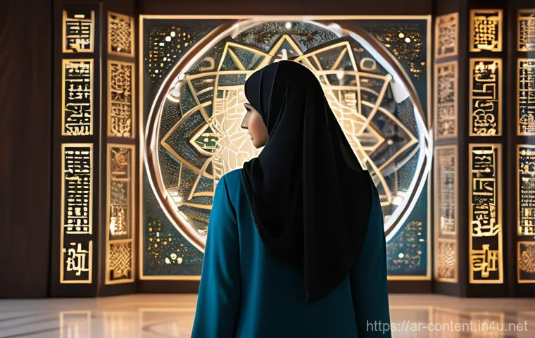자연어 처리 기술 - A bright, futuristic scene featuring a young Arab woman, wearing modest contemporary attire, intentl...