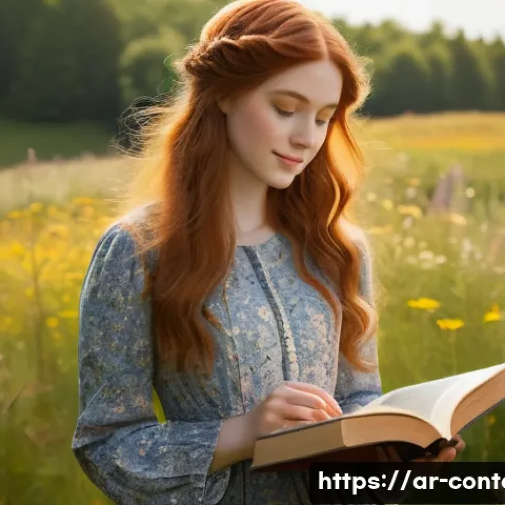 AI 아트 생성 툴 - **Prompt:** "A young woman with flowing auburn hair, wearing a modest, long-sleeved floral dress, st...
