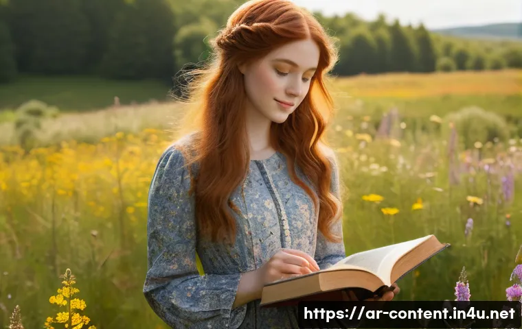 AI 아트 생성 툴 - **Prompt:** "A young woman with flowing auburn hair, wearing a modest, long-sleeved floral dress, st...